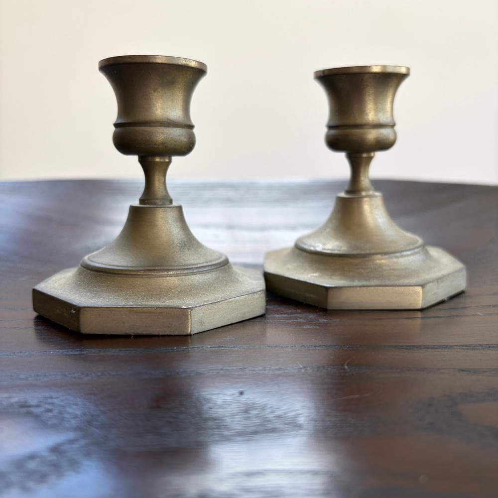 Ethan Allen Candlesticks Vintage Solid Brass Octagonal Taper Holders Gold Pair